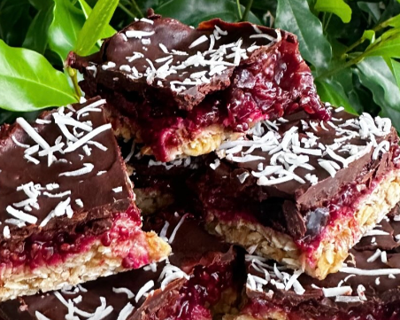 Peanut butter and cacao cherry jam slice by The Soul Foodie