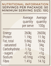 Nutritional information for Daintree Ceremonial Cacao showing servings, calories, and macronutrient values per package and serving size.