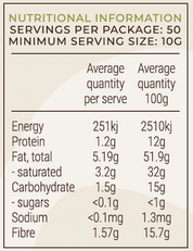 Nutritional information for product, including servings per package and average quantities per serve and 100g.