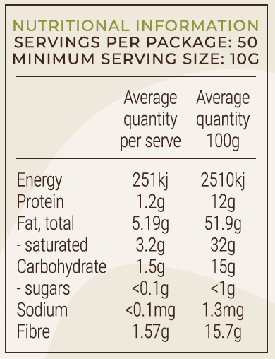 Nutritional information for product, including servings per package and average quantities per serve and 100g.