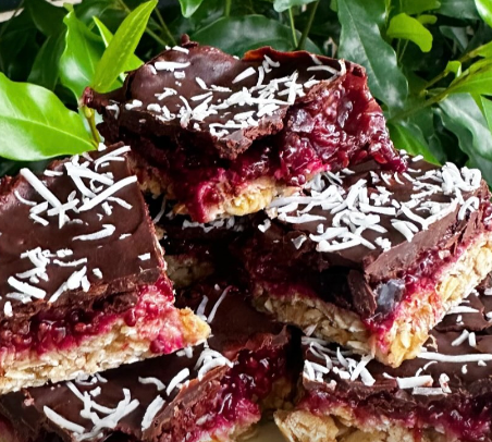 Peanut butter and cacao cherry jam slice by The Soul Foodie
