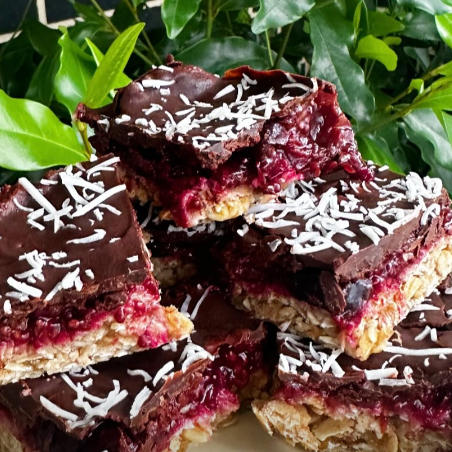 Peanut butter and cacao cherry jam slice by The Soul Foodie