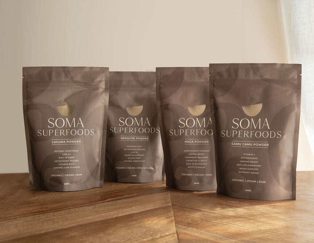 Soma Superfoods collection featuring camu camu, lucuma, maca, and mesquite powders, organic superfoods to pair with cacao.