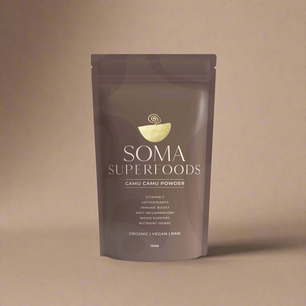 Organic Camu Camu Powder by Soma Superfoods, a nutrient-dense superfood packed with Vitamin C and antioxidants.