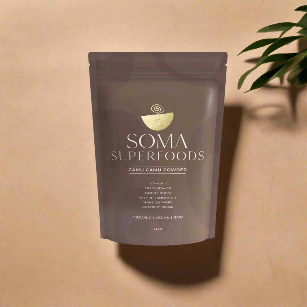 Organic Camu Camu Powder from Soma Superfoods, a superfood rich in vitamin C and antioxidants, perfect for health enthusiasts.