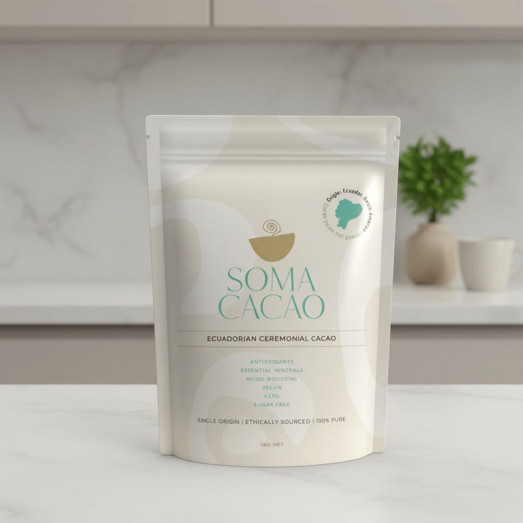 SOMA CACAO Ecuadorian Ceremonial Cacao packaging on a neutral background, showcasing ethically sourced and pure cacao.