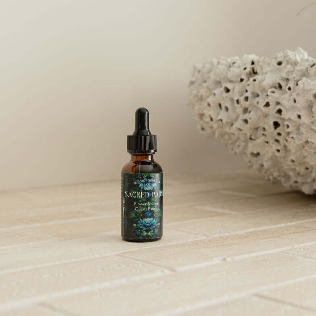 Sacred Ritual dropper bottle on a textured surface with natural decor, ideal for enhancing wellness routines.