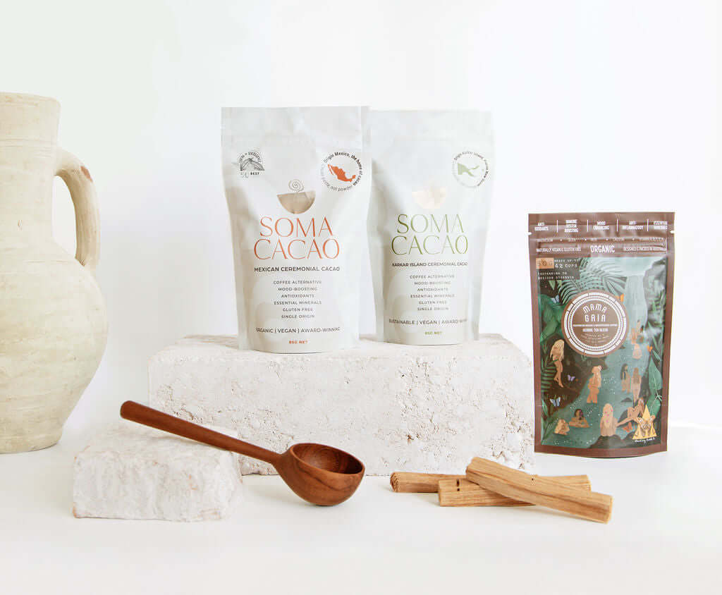 New Mama Care Package featuring premium quality ceremonial cacao and wooden scoop, perfect for holistic healing.