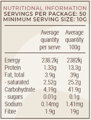 Nutritional information for a product showing serving size, energy, protein, fat, carbohydrates, sodium, and fiber content.
