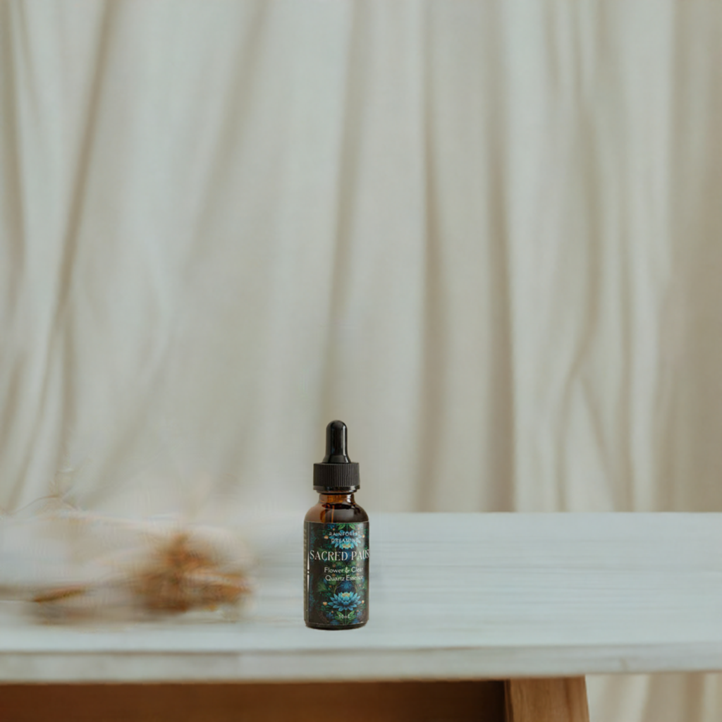 Blue Lotus Flower Essence 30ml bottle on a wooden table, showcasing premium quality and wild-crafted ingredients.